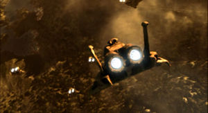 Galactica provides cover fire while the civilian Fleet escapes